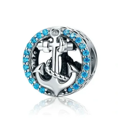 Nautical Anchor with Blue Rhinestone Charm Bead