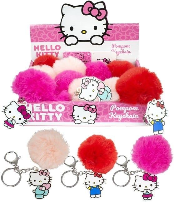Hello Kitty Schlüsselanhänger Plüsch bommel 7 cm + Kunststoffhänger 6 cm 3-fach