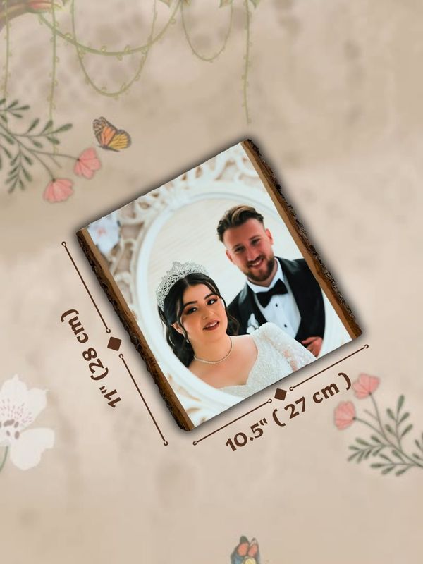 Custom Wedding Photo Art on Wood with Bark Edge