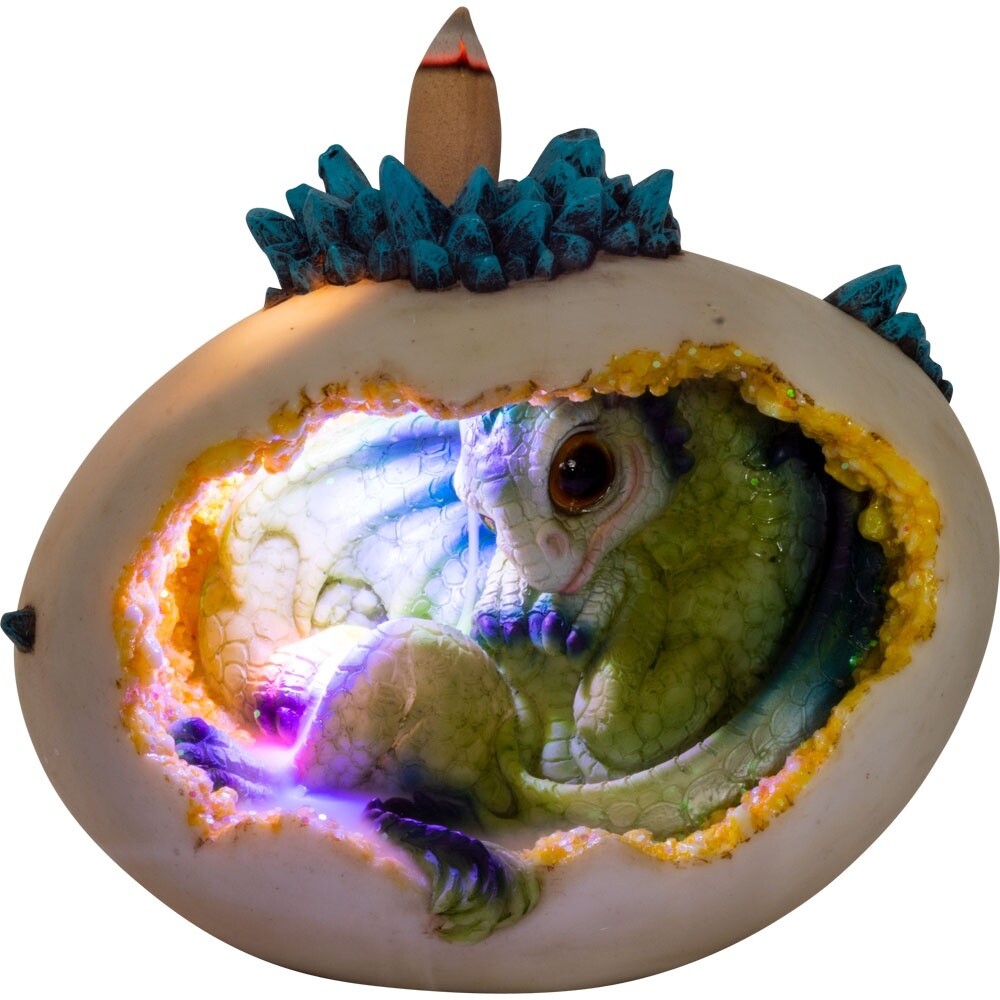 Polyresin Backflow Incense Burner w/ Multicolor LED - Hatching Baby Dragon