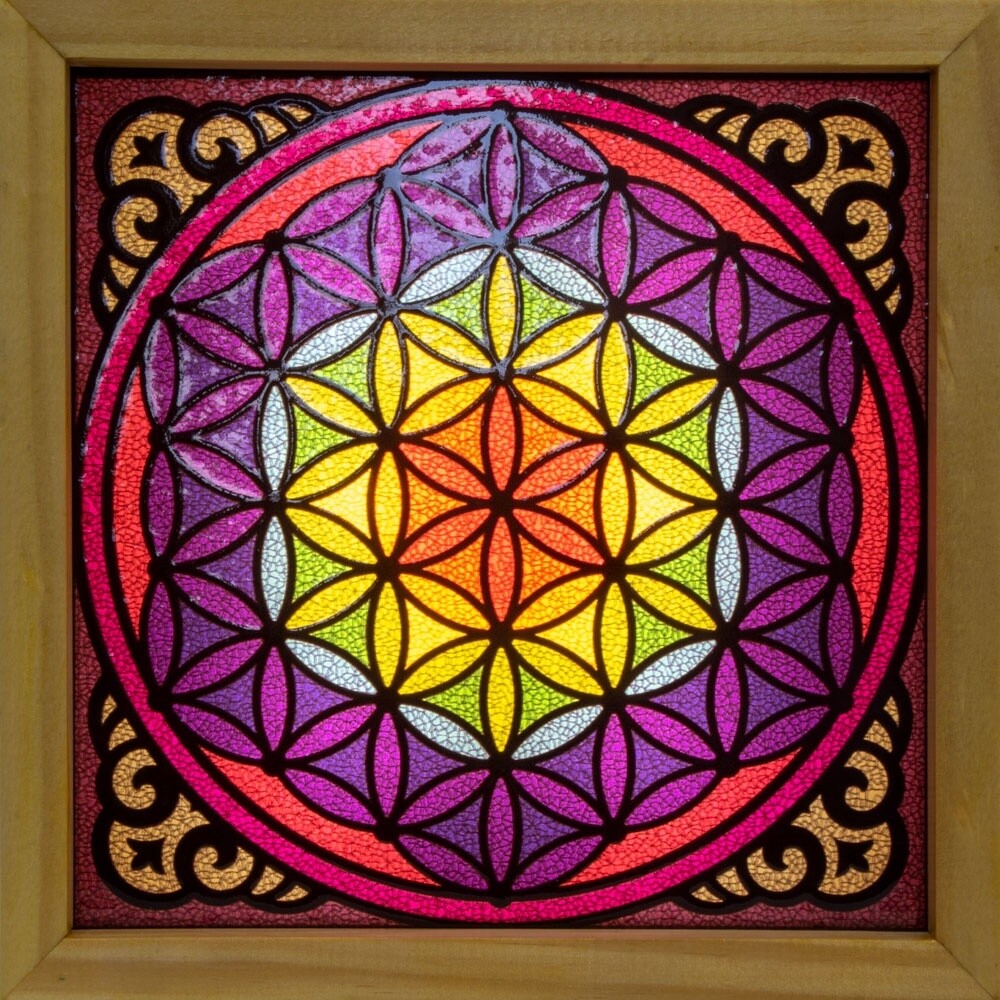 Wood Light Box w/ Changeable Glass &amp; USB Lamp, Design: Flower of Life
