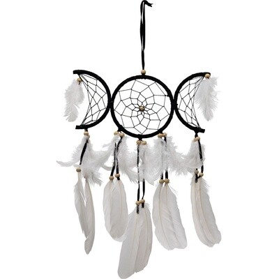 Dream Catcher Black Triple Moon &amp; White Feathers