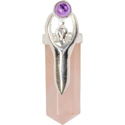 Goddess Pendant w/ Amethyst Gem - Rose Quartz Point