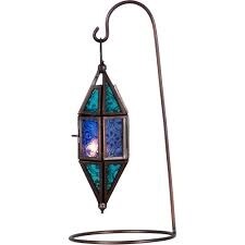 Glass &amp; Metal Lantern Chapel Aquamarine &amp; Blue