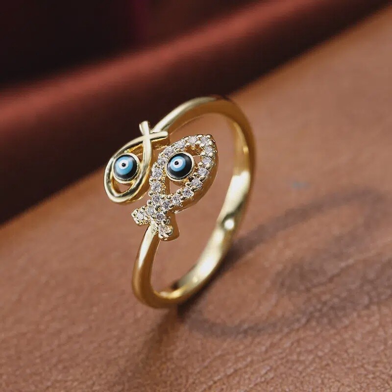 Evil Eye Ring  - Golden - 2 fish Copper Zircon