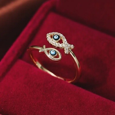 Evil Eye Ring  - Golden - 2 fish Copper Zircon