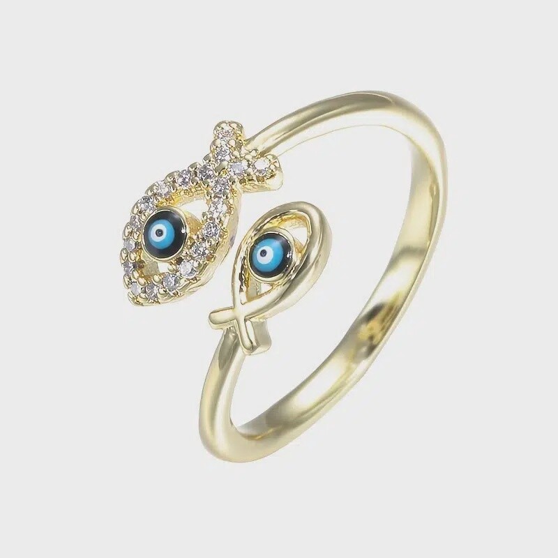 Evil Eye Ring  - Golden - 2 fish Copper Zircon