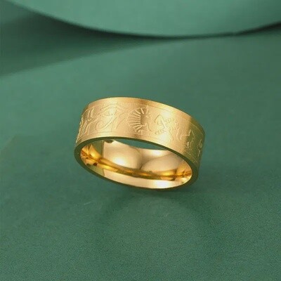 Mens Pharaoh Horus Eye Design Ring - Stainless Steel Flat Pipe Cut Thick Durable Ring - Golden