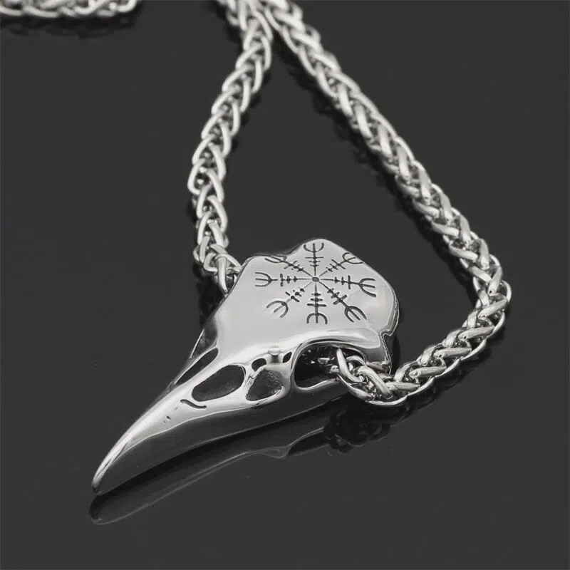 Crow Skull Pendant Odin Rune Amulet Men Viking Necklace - Leather Chain