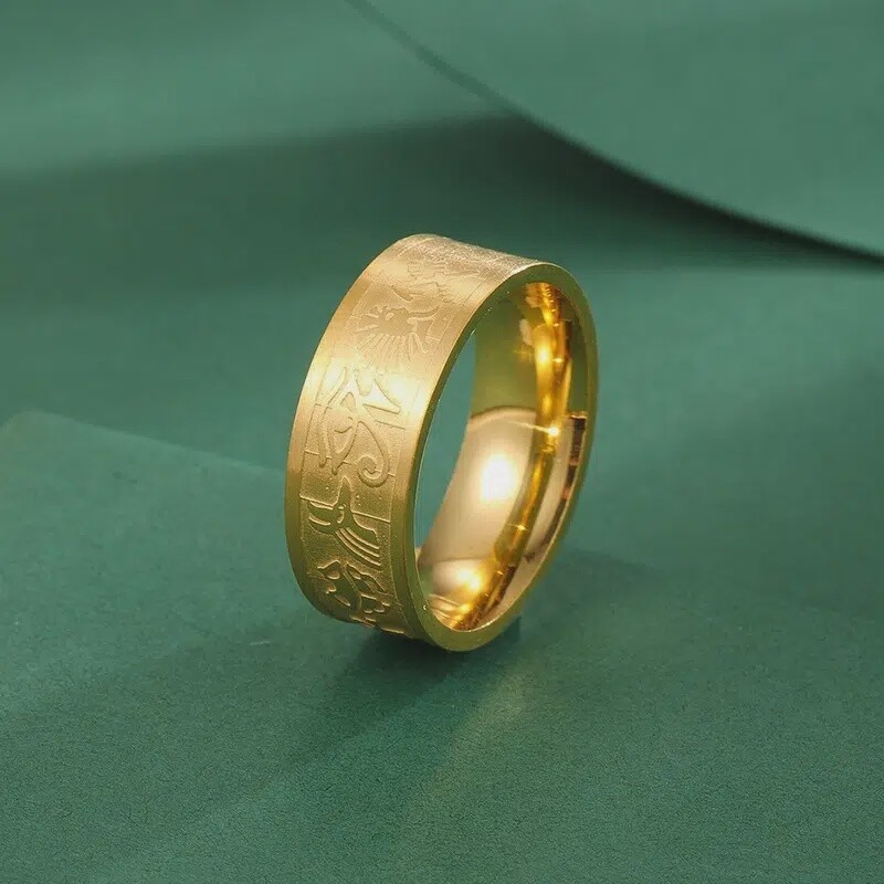 Mens Pharaoh Horus Eye Design Ring - Stainless Steel Flat Pipe Cut Thick Durable Ring - Golden