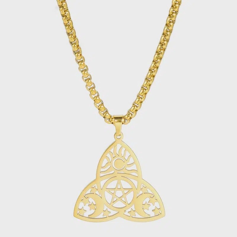 Stainless Steel Jewelry Trinity Sun Moon Star Celtic Knot Titanium Steel Box Chain Necklace For Men - Gold