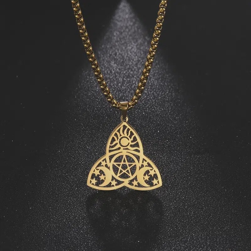 Stainless Steel Jewelry Trinity Sun Moon Star Celtic Knot Titanium Steel Box Chain Necklace For Men - Gold