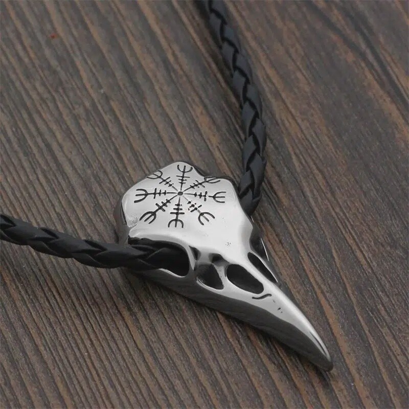 Crow Skull Pendant Odin Rune Amulet Men Viking Necklace - Leather Chain