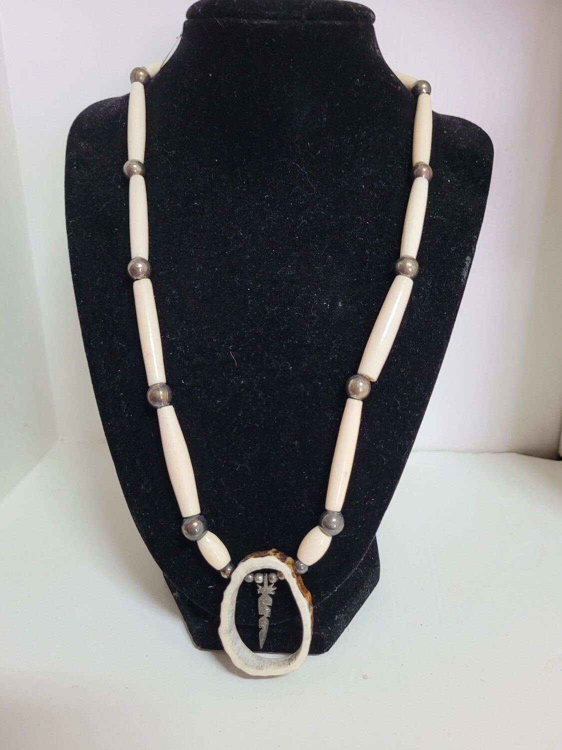 Handmade Native Bone/Bead Necklace with feather charm