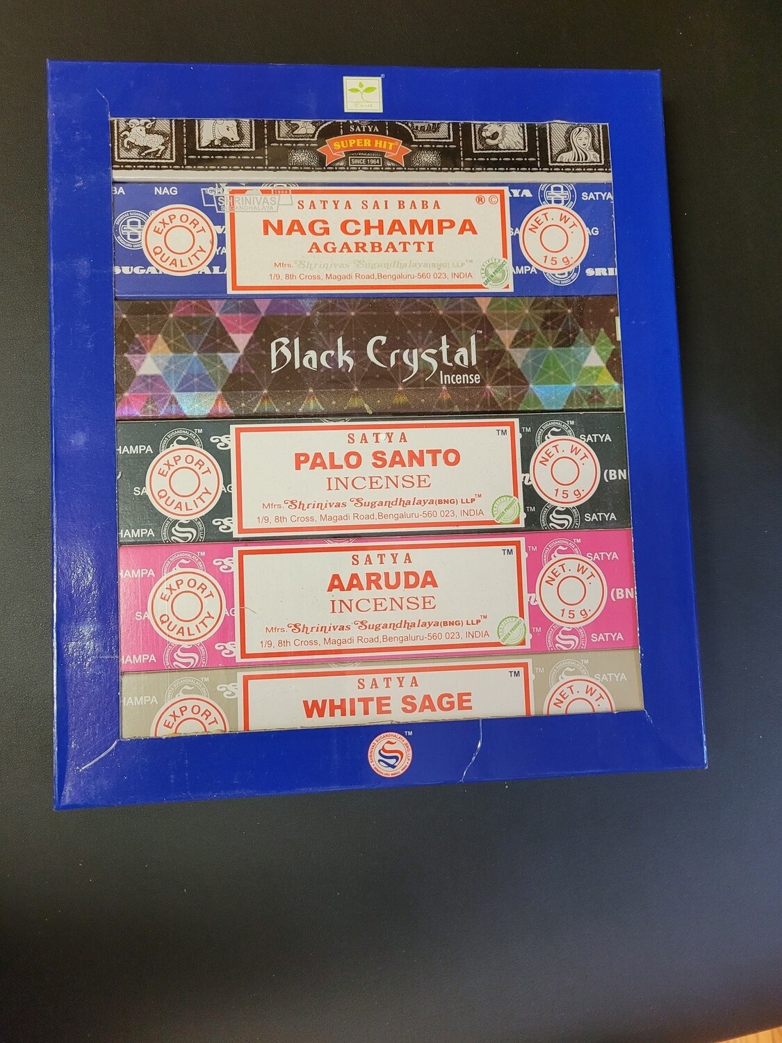 Satya Set of 6 Incense - Nag Champa, Superhit, Black Crystal, Palo Santo, Aaruda, White Sage