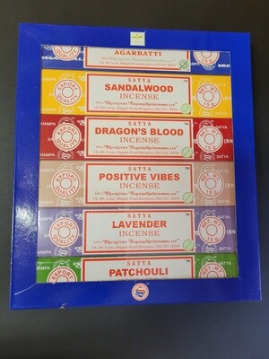 Satya Set of 6 Incense - Nag Champa, Sandalwood, Patchouli, Dragons Blood, Lavender, Positive Vibes