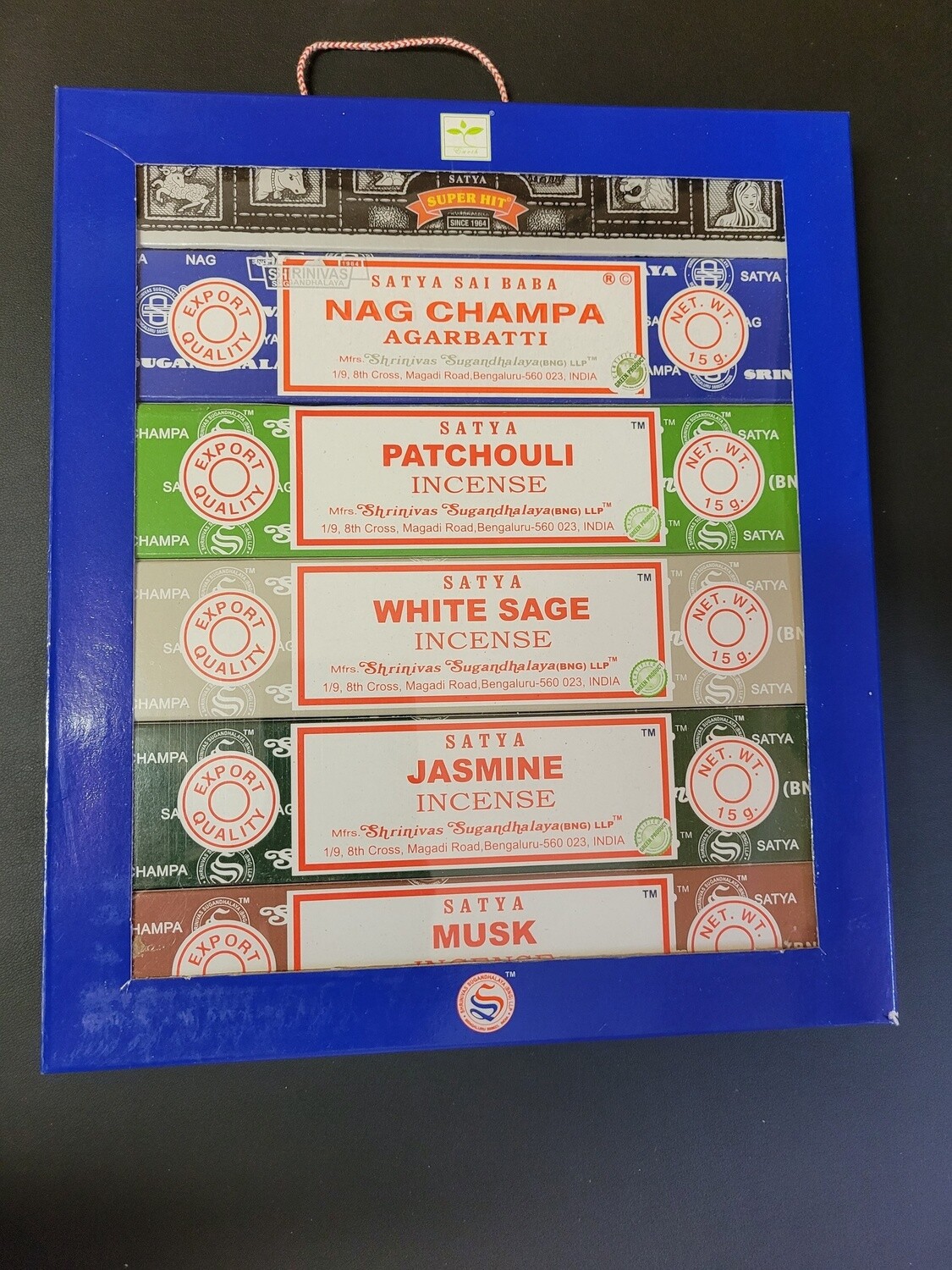 Satya Set of 6 Incense - Nag Champa, Superhit, Patchouli, White Sage, Jasmine, Musk
