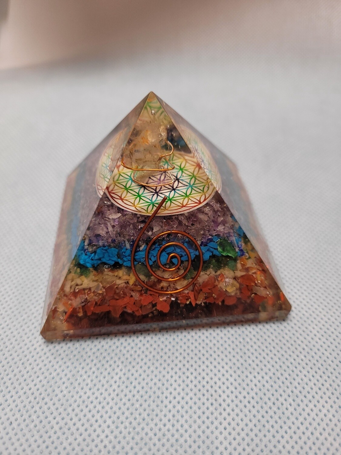Orgone Energy Pyramid w/Copper Coil, Design: 7 Chakra w/FOL