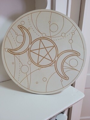 Wood Crystal Grid - Triple Moon w/Pentacle