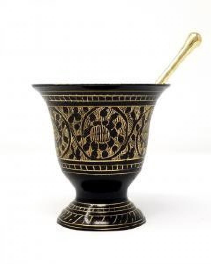 Mortar and Pestle, Type: Black/Brass Carved - 3.5&quot;