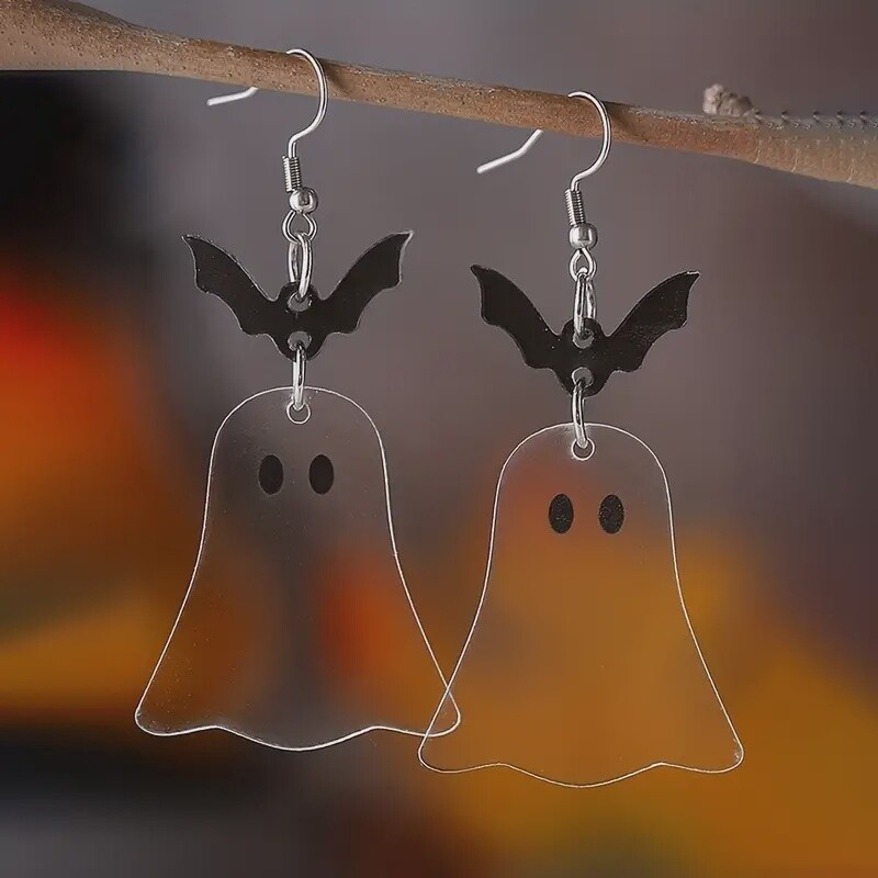 Black Bat &amp; Transparent Ghost Design Dangle Earrings