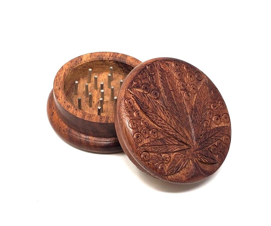 Wooden Herb Grinder, Type: Marijuana Leaf Carved