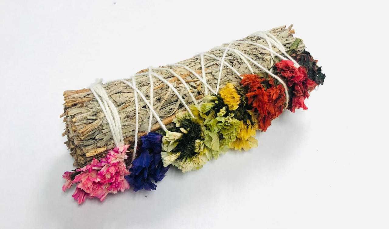White sage smudge with 7 chakra Sinauta Flower 4&quot;