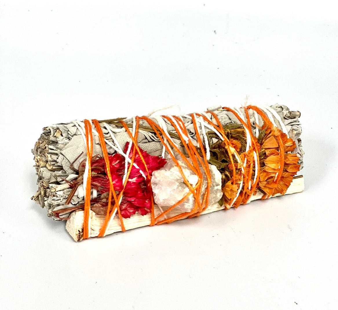Red Sinuata, Orange Sinuata flowers, white sage, pink Quartz, stick lentisco 4&quot;
