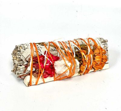 Red Sinuata, Orange Sinuata flowers, white sage, pink Quartz, stick lentisco 4&quot;