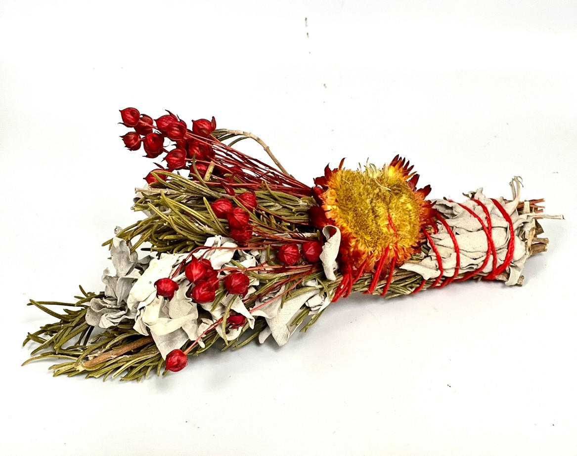 Rosemary, White Sage,Red Pearl, Red phalaris ,Red strawberry flower 4&quot;