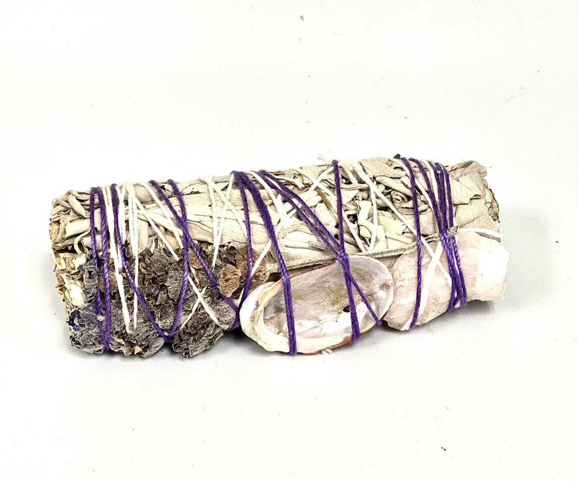 White sage, lavender, mini red abalone, pink quartz, stick lentisco 4&quot;