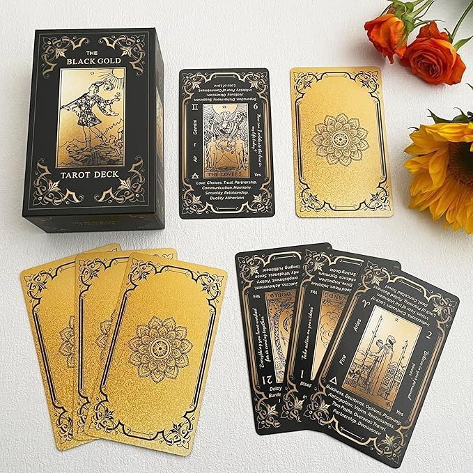 Black Gold Tarot Cards Set, Beginner&#39;s Tarot Cards with Meanings, Gold Gilded Edges Deck with Guide Book