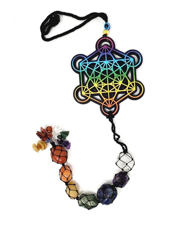 Tie Dye Wooden 7 Chakra Metatron Wall/Car hanging with Tumble Stones