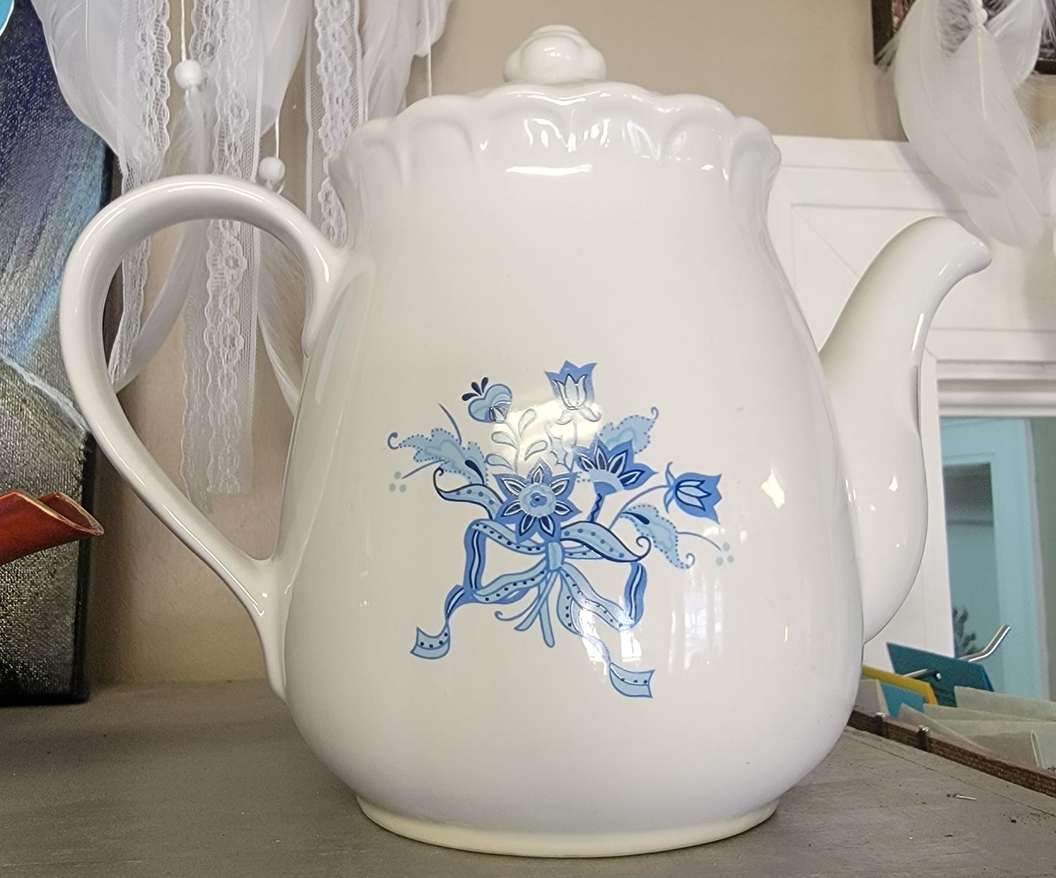White w/Blue Prints Tea Pot