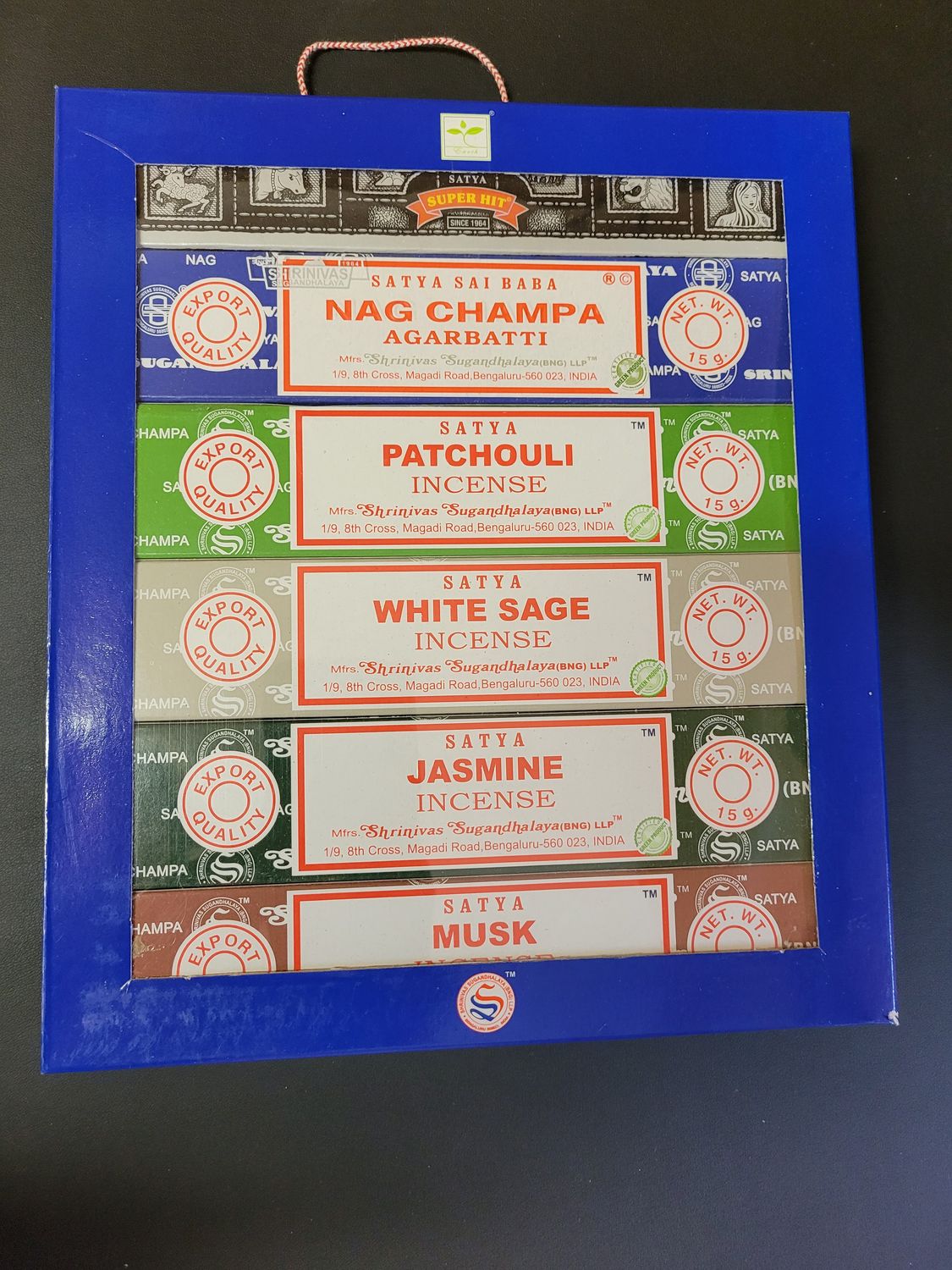 Satya Set of 6 Incense - Nag Champa, Superhit, Patchouli, White Sage, Jasmine, Musk