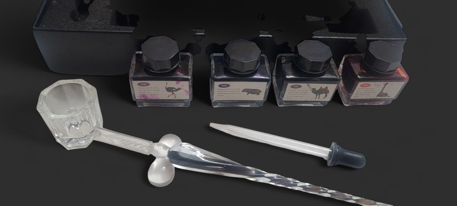 8 Pc Glass Dip Pen Writing Set 4 Ink Bottles Calligraphy Gift Set Never Used