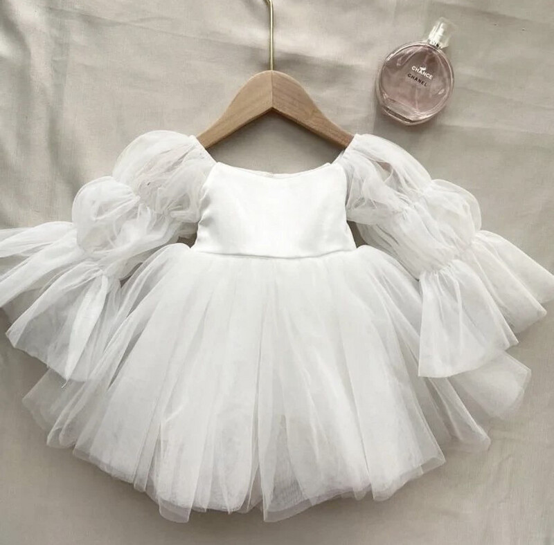 Robe cérémonie -baptêmes bebe   fille blanc manches longues bouffantes Meri tutu 