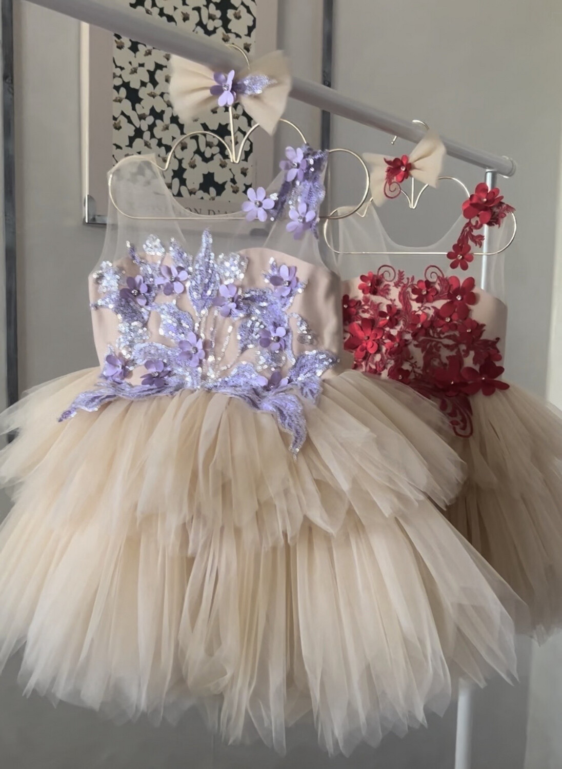 Robe de ceremonie  fleurs en tulle ivoire  champagne 