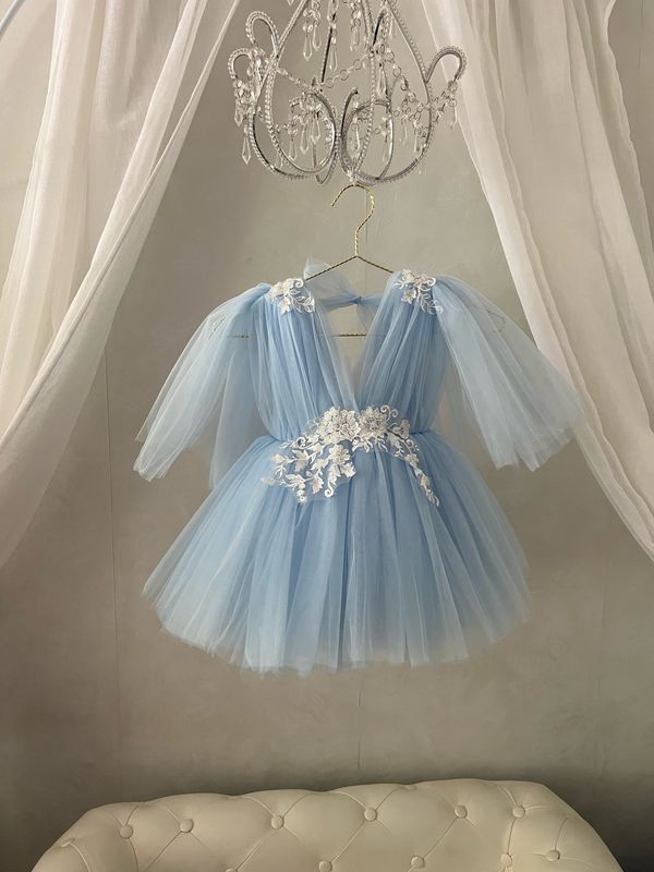 Robe de cérémonie fille bleu en tulle dentelle en fleur Aqua Robe de cérémonie fille bleu en tulle dentelle en fleur Aqua
