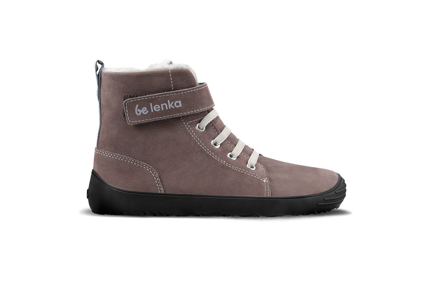 be Lenka Winter Kids Chocolate – side view of kids’ barefoot boots in leather with Merino wool lining