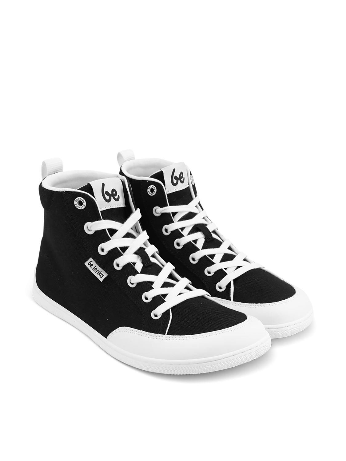 beLenka Rebound High black-white – veganer Barfußsneaker in Schwarz mit weißer Zehenkappe und Schnürung