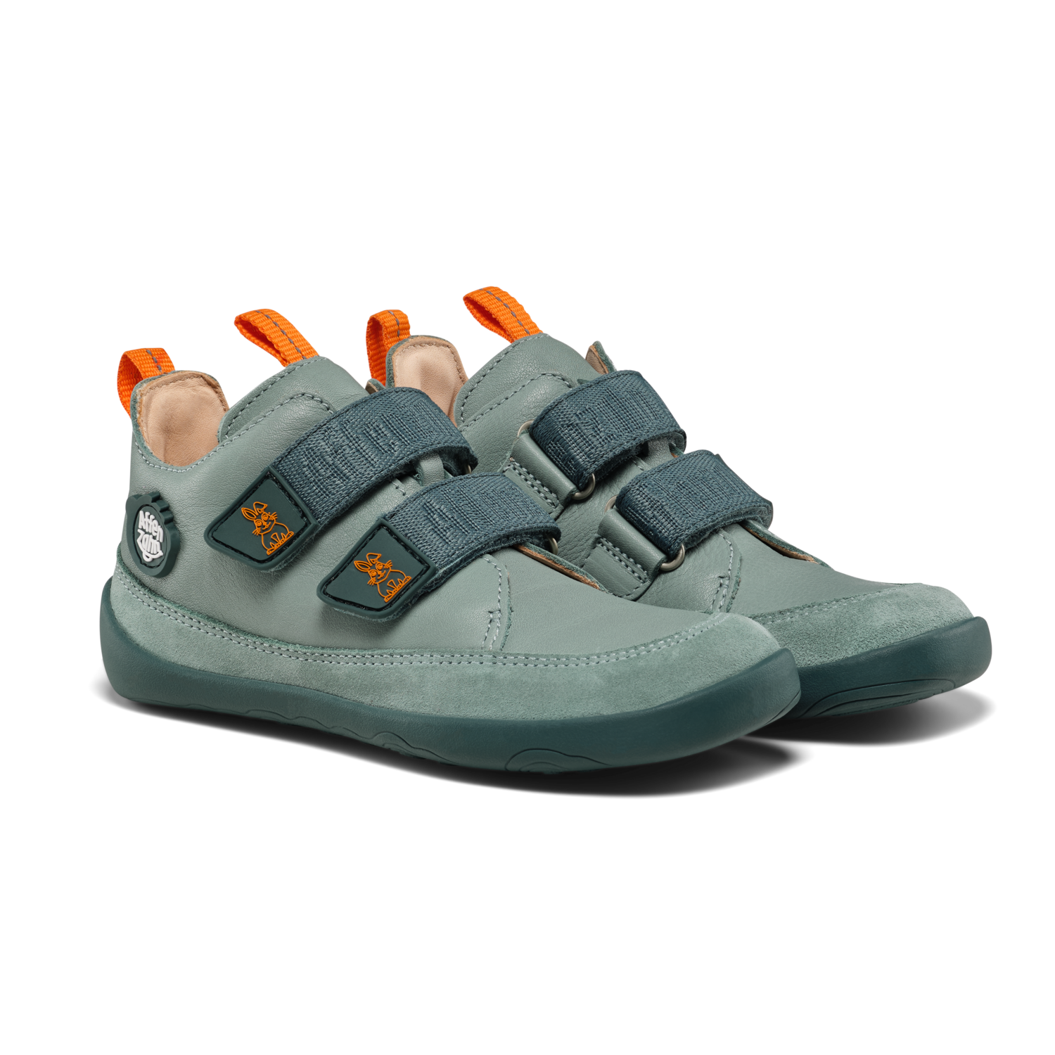 Barfußschuh Affenzahn Lederbuddy Hase in Außenansicht – grün-blau mit orangefarbenen Details