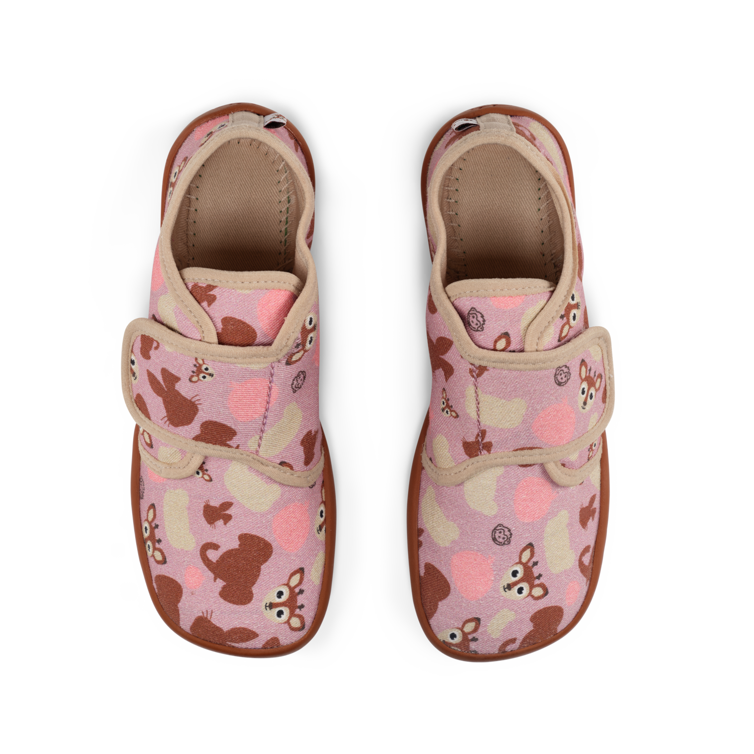 Barfußhausschuh Affenzahn Movy Reh von außen – rosa mit Rehmotiv, seitlich fotografiert