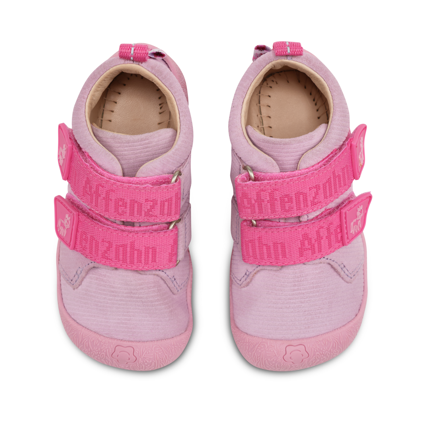 Paaransicht des Affenzahn Walky Einhorn Barfußschuhs in Rosa aus schräger Perspektive
