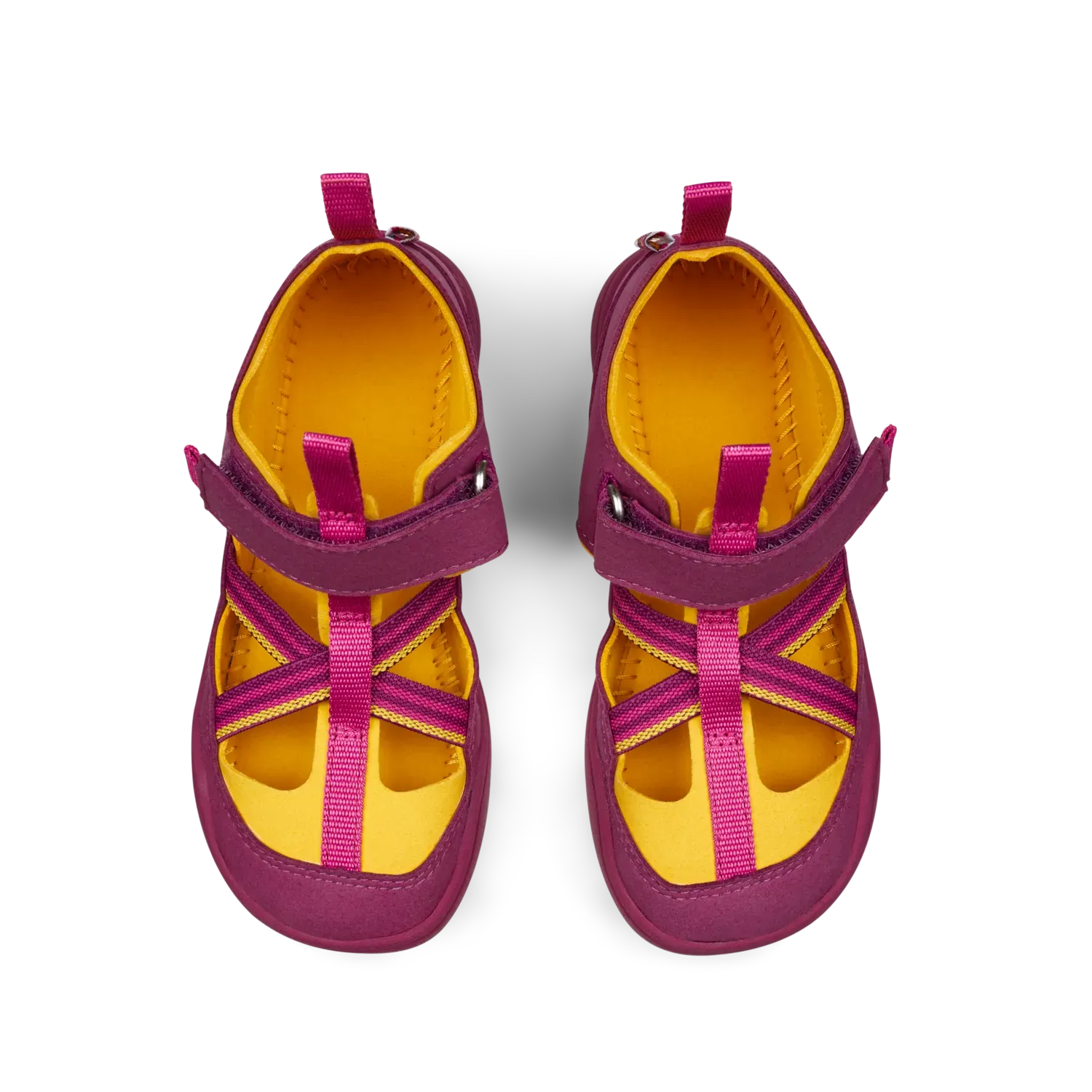 Seitliche Ansicht der Affenzahn Sandale Breezy Vogel – pink-gelb mit Kreuzriemen