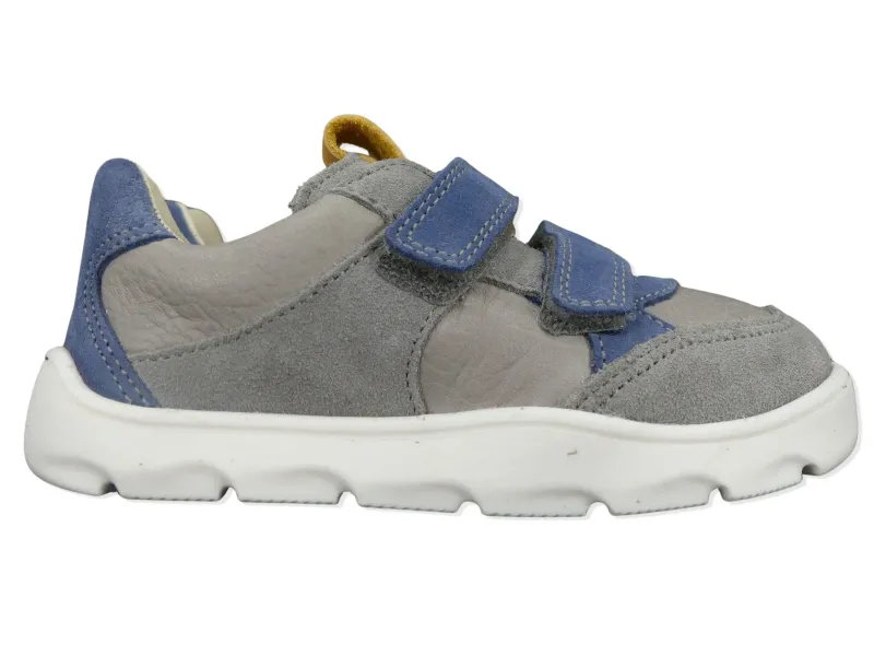 Froddo Zeru Spring Barefoot – Grey+ Side view of the Froddo Zeru Spring barefoot shoe in grey with blue hook-and-loop straps
