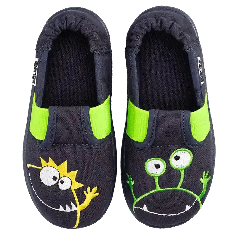 Nanga Hausschuhe Moonstar 2.0 – Bio & rutschfest für Kids Kinderhausschuhe Nanga Moonstar 2.0 mit Monster-Motiv von oben
