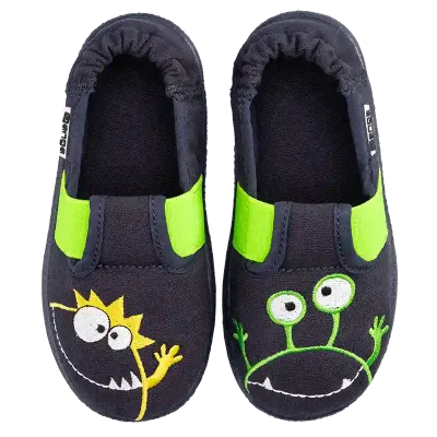Nanga Hausschuhe Moonstar 2.0 – Bio & rutschfest für Kids Top view of Nanga Moonstar 2.0 kids slippers with monster design