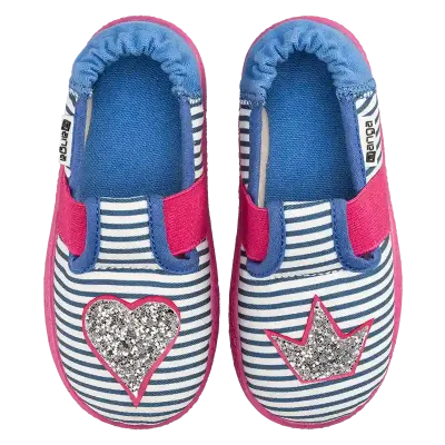 Nanga Slippers Herzklopfen 2.0 – Organic & non-slip Top view of Nanga Herzklopfen 2.0 kids slippers with pink glitter heart and crown
