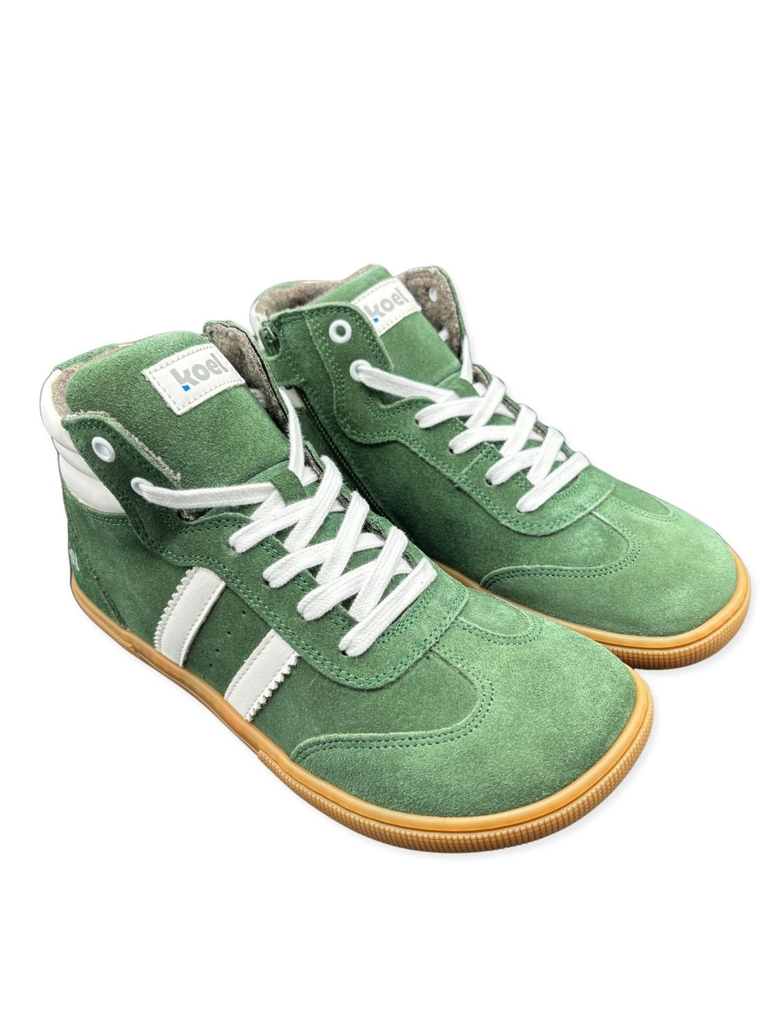 KOEL Drew Khaki Barfußschuh – linke Seitenansicht mit weißem Streifen und heller Sohle